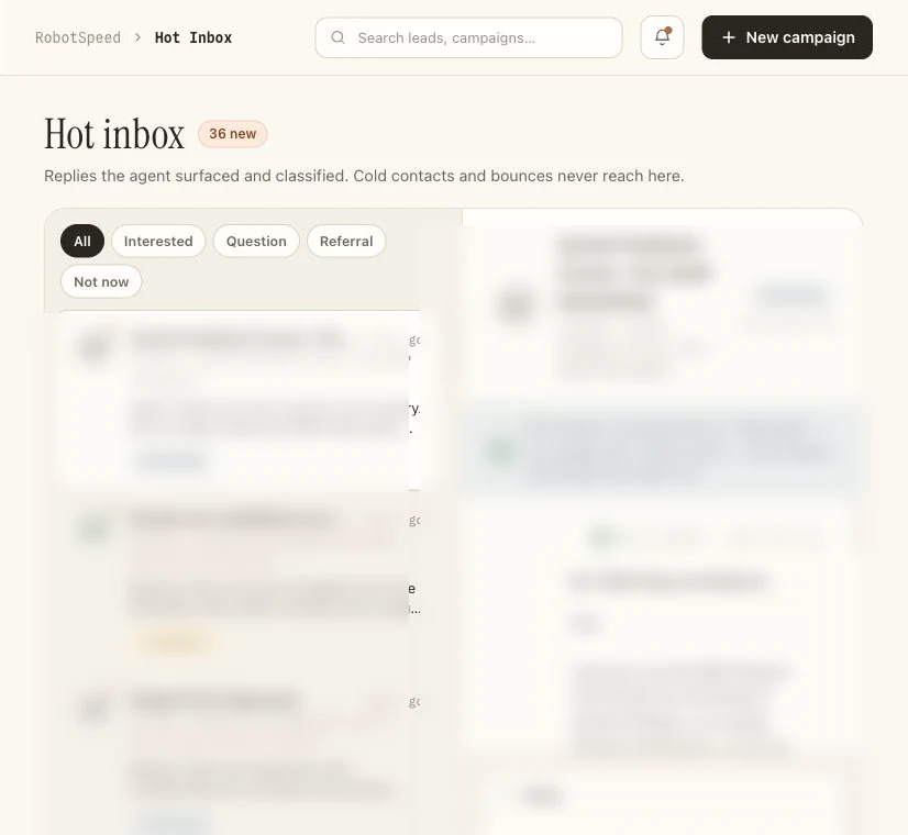 Nice Pigeon hot inbox showing classified replies and reply composer