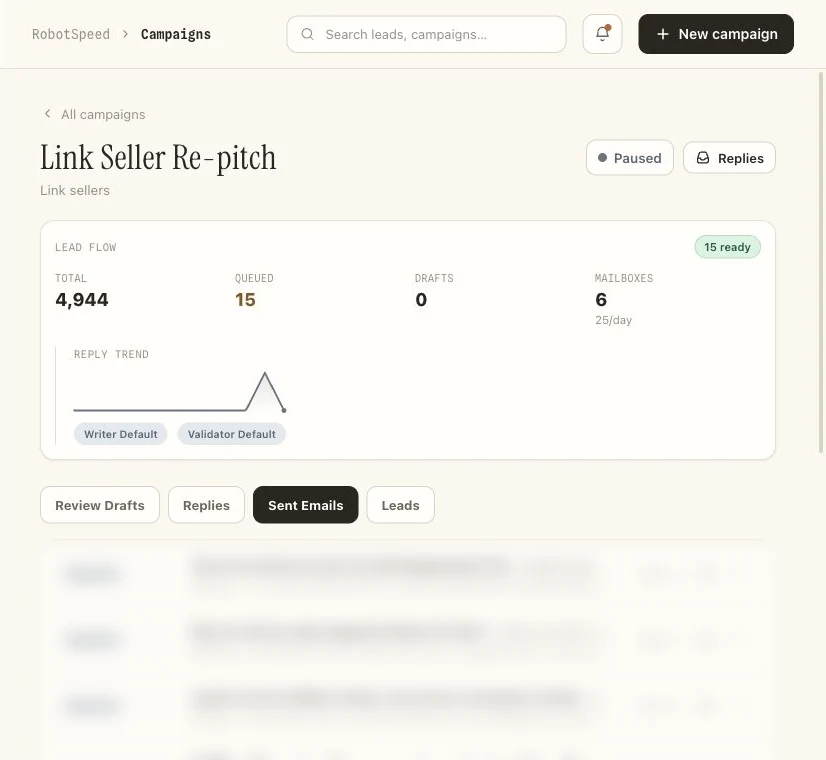 Nice Pigeon campaign page showing lead flow, sent emails, and validation controls